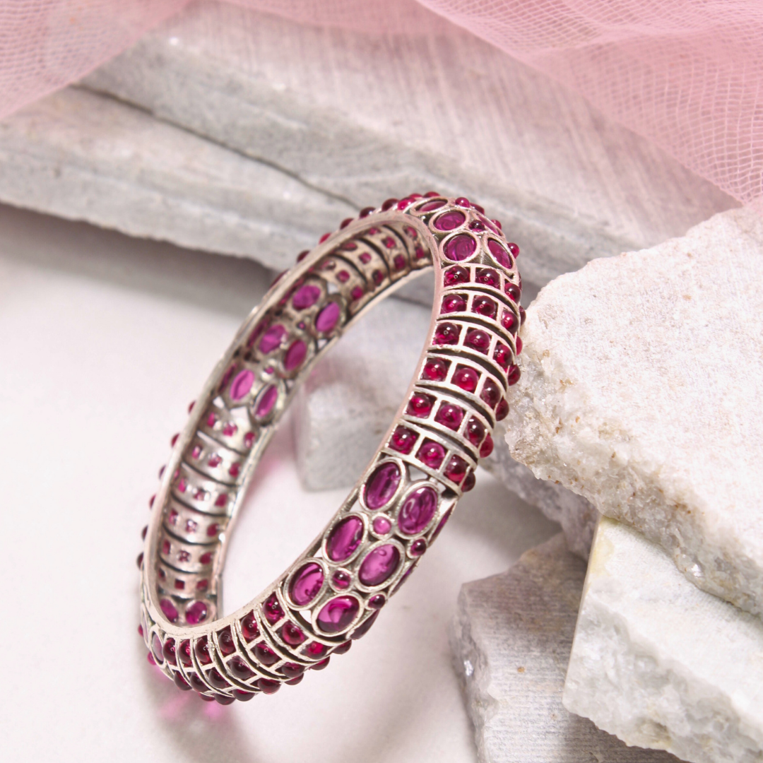 RUBY NAGINA BANGLES-SILVER FINISH-SET OF 2