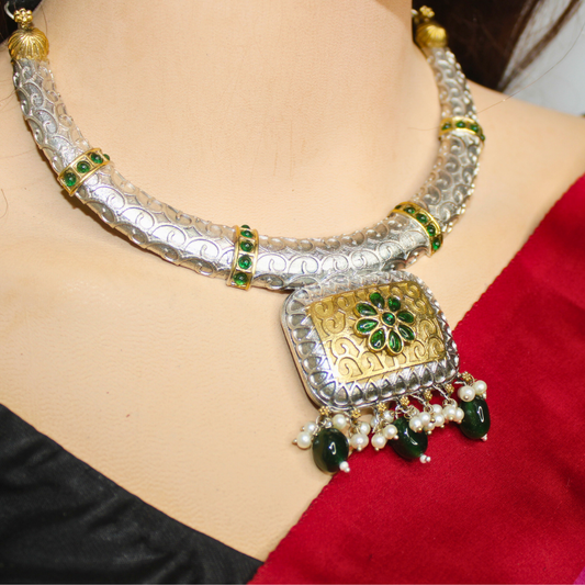 RAJWADI DUAL-TONE HASLI LOOK NECKLACE-GREEN