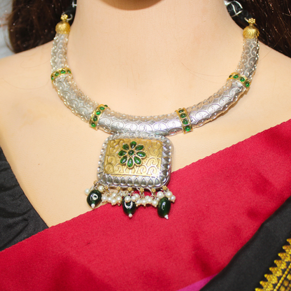 RAJWADI DUAL-TONE HASLI LOOK NECKLACE-GREEN