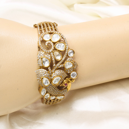 POLKI MOISSANITE PEACOCK ANTIQUE GOLDEN BRACELET