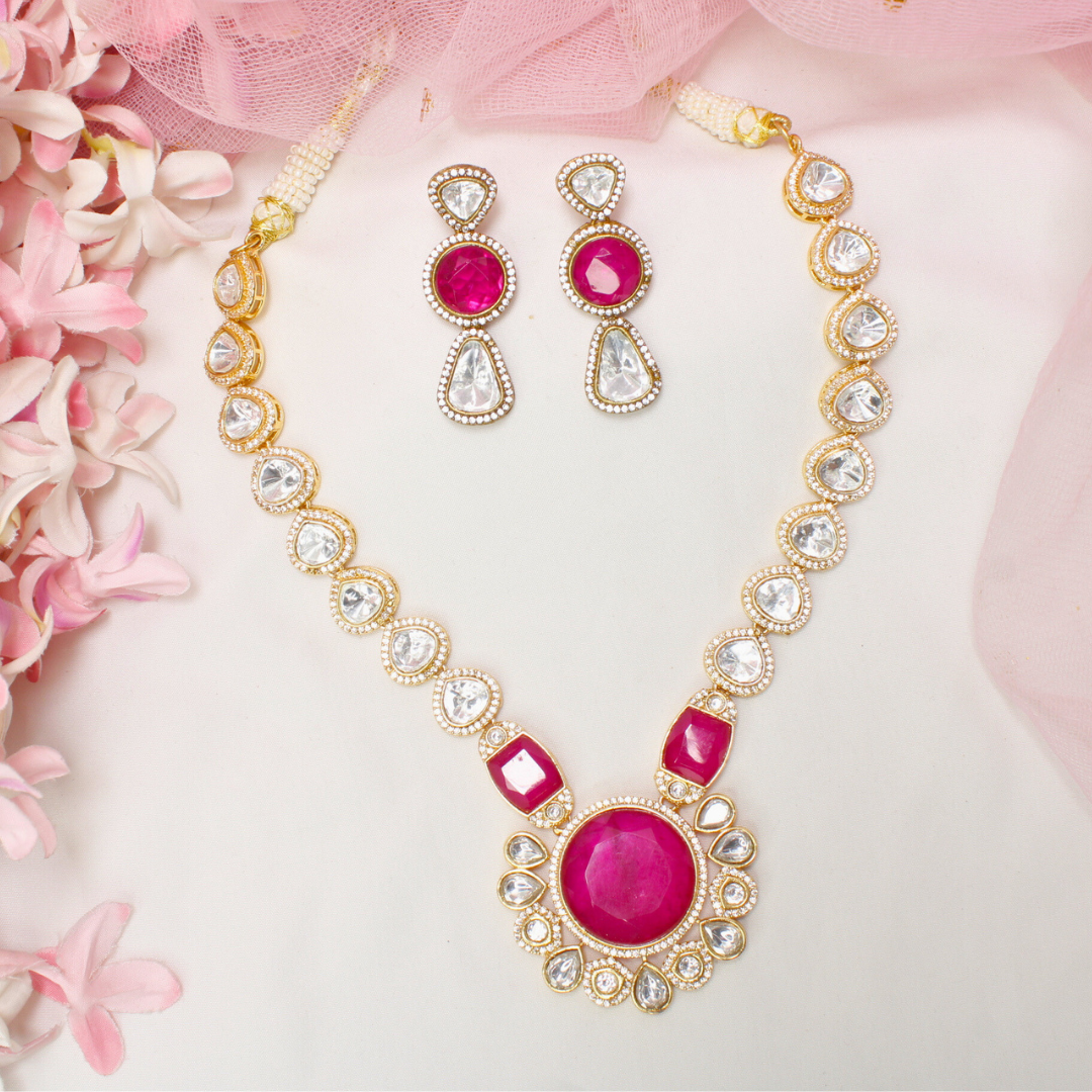 POKLI & RUBY STONE LOOK ALIKE NECKLACE SET-GOLDEN FINISH