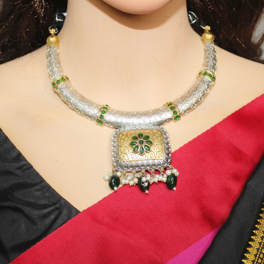 RAJWADI DUAL-TONE HASLI LOOK NECKLACE-GREEN