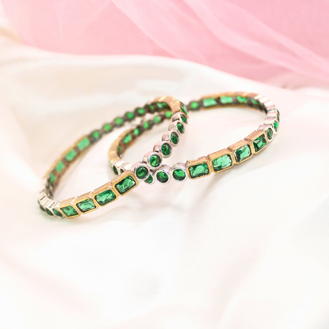 DUAL-TONE ROUND & SQUARE STONE BANGLES- SET OF 2-green