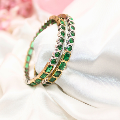 DUAL-TONE ROUND & SQUARE STONE BANGLES- SET OF 2-green