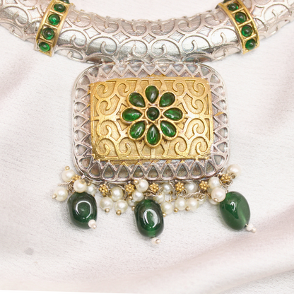 RAJWADI DUAL-TONE HASLI LOOK NECKLACE-GREEN