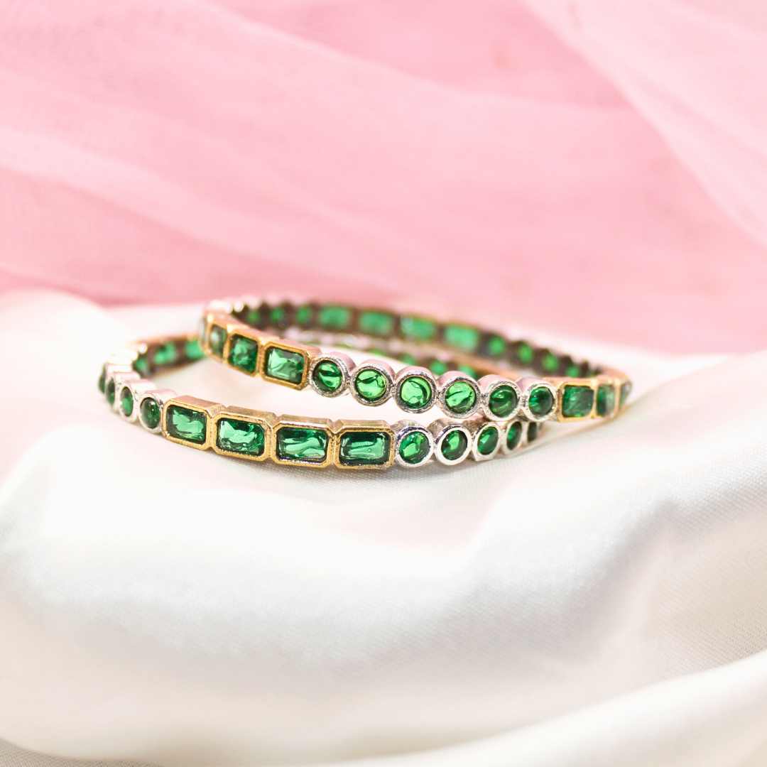 DUAL-TONE ROUND & SQUARE STONE BANGLES- SET OF 2-green