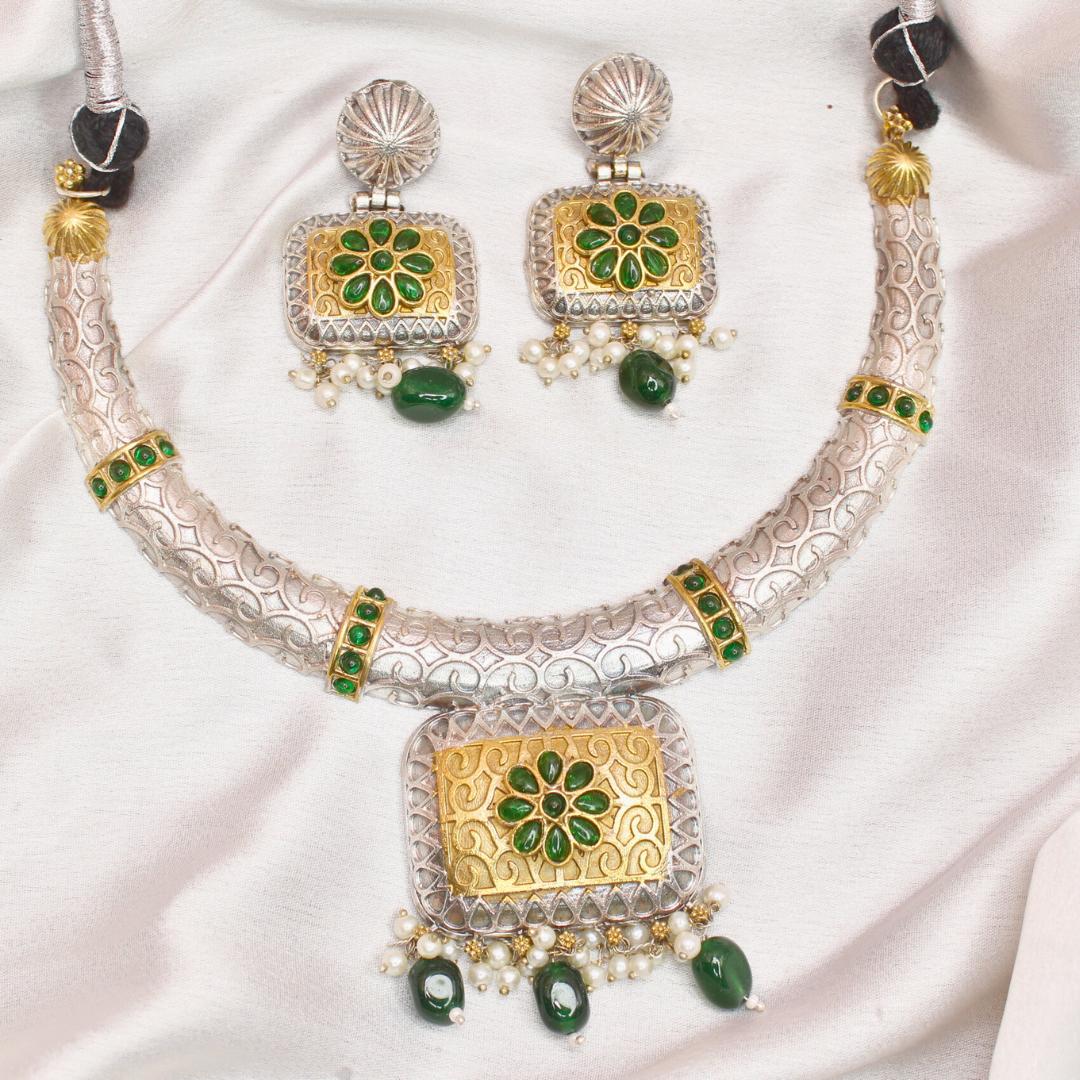 RAJWADI DUAL-TONE HASLI LOOK NECKLACE-GREEN