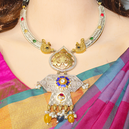 RAJWADI DUAL-TONE PACHI KUNDAN NECKLACE SET