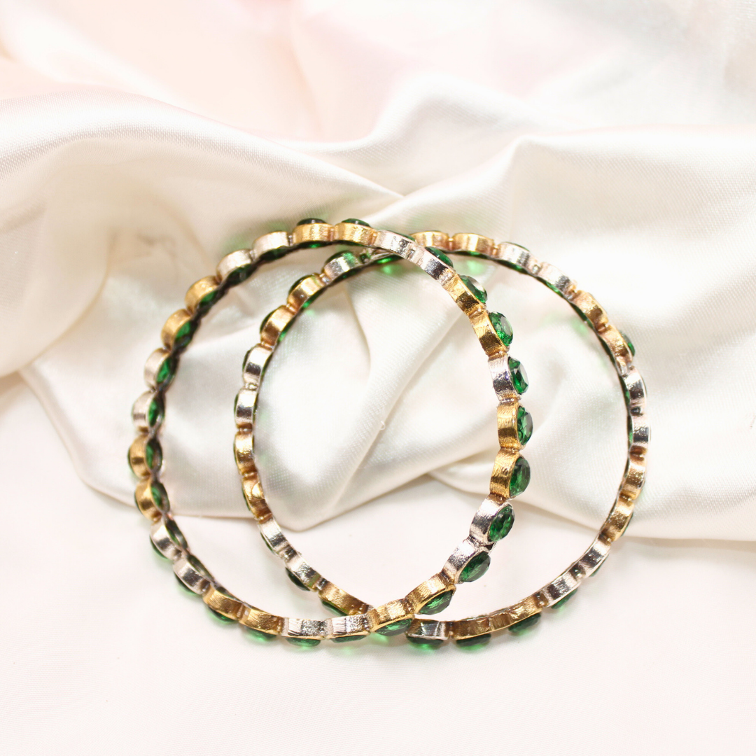 DUAL-TONE ROUND STONE BANGLES- SET OF 2-green