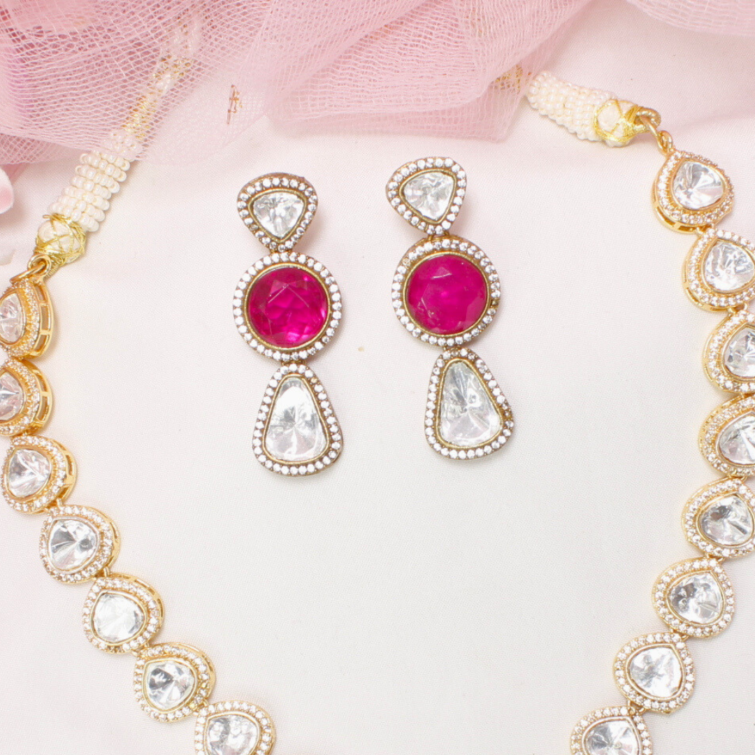 POKLI & RUBY STONE LOOK ALIKE NECKLACE SET-GOLDEN FINISH