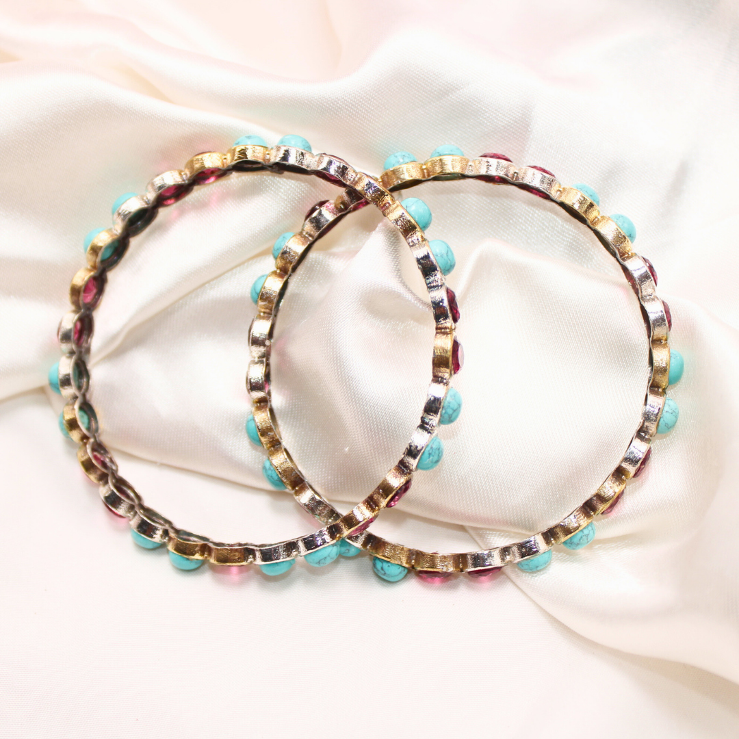 DUAL-TONE ROUND STONE BANGLES- SET OF 2-Turq&ruby