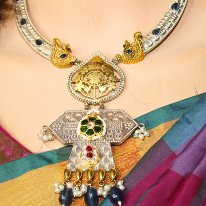 RAJWADI DUAL-TONE PACHI KUNDAN NECKLACE SET