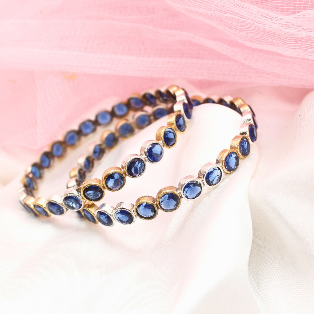 DUAL-TONE ROUND STONE BANGLES- SET OF 2-blue