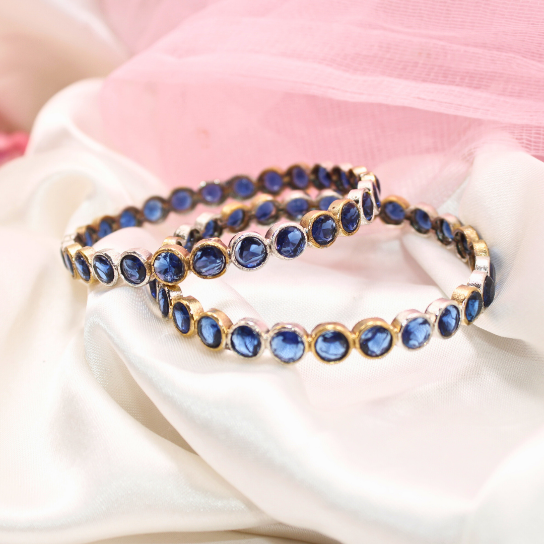 DUAL-TONE ROUND STONE BANGLES- SET OF 2-blue