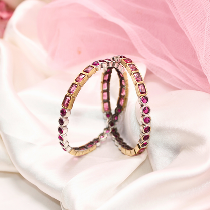 DUAL-TONE ROUND & SQUARE STONE BANGLES- SET OF 2-ruby