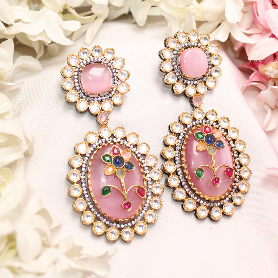 BIG STONE EARRING WITH KUNDAN WORK