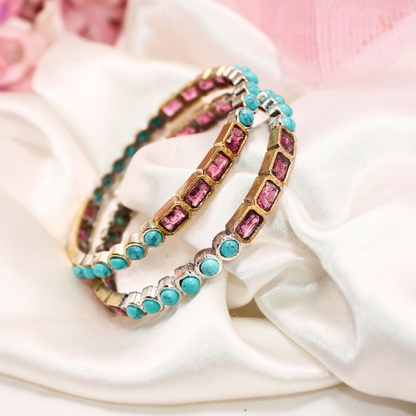 DUAL-TONE ROUND & SQUARE STONE BANGLES-turq&ruby