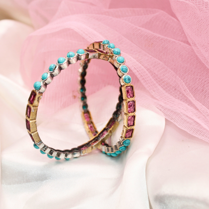 DUAL-TONE ROUND & SQUARE STONE BANGLES-turq&ruby