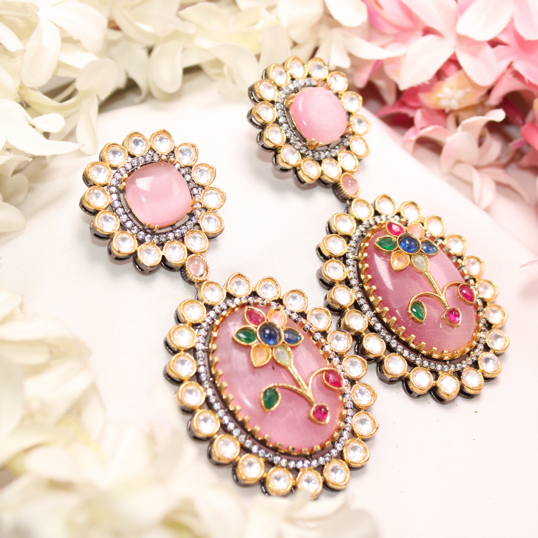 BIG STONE EARRING WITH KUNDAN WORK