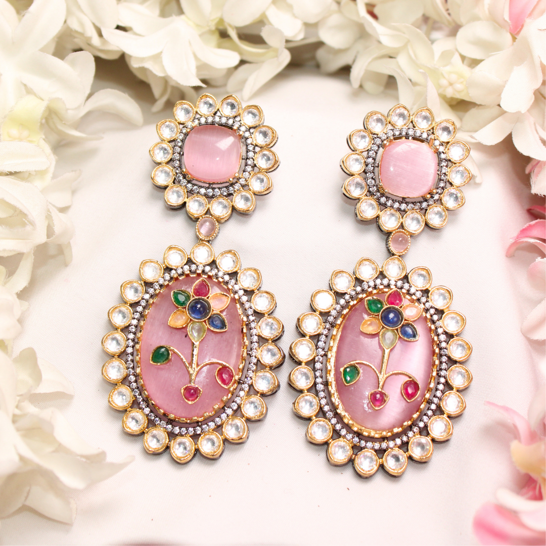 BIG STONE EARRING WITH KUNDAN WORK