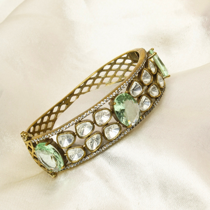 POLKI MOISSANITE ANTIQUE GOLDEN BRACELET-LIGHT GREEN