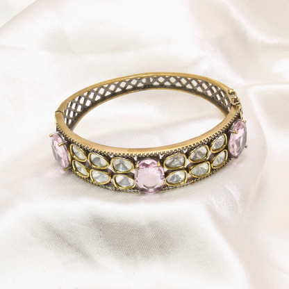 POLKI MOISSANITE ANTIQUE GOLDEN BRACELET-PINK