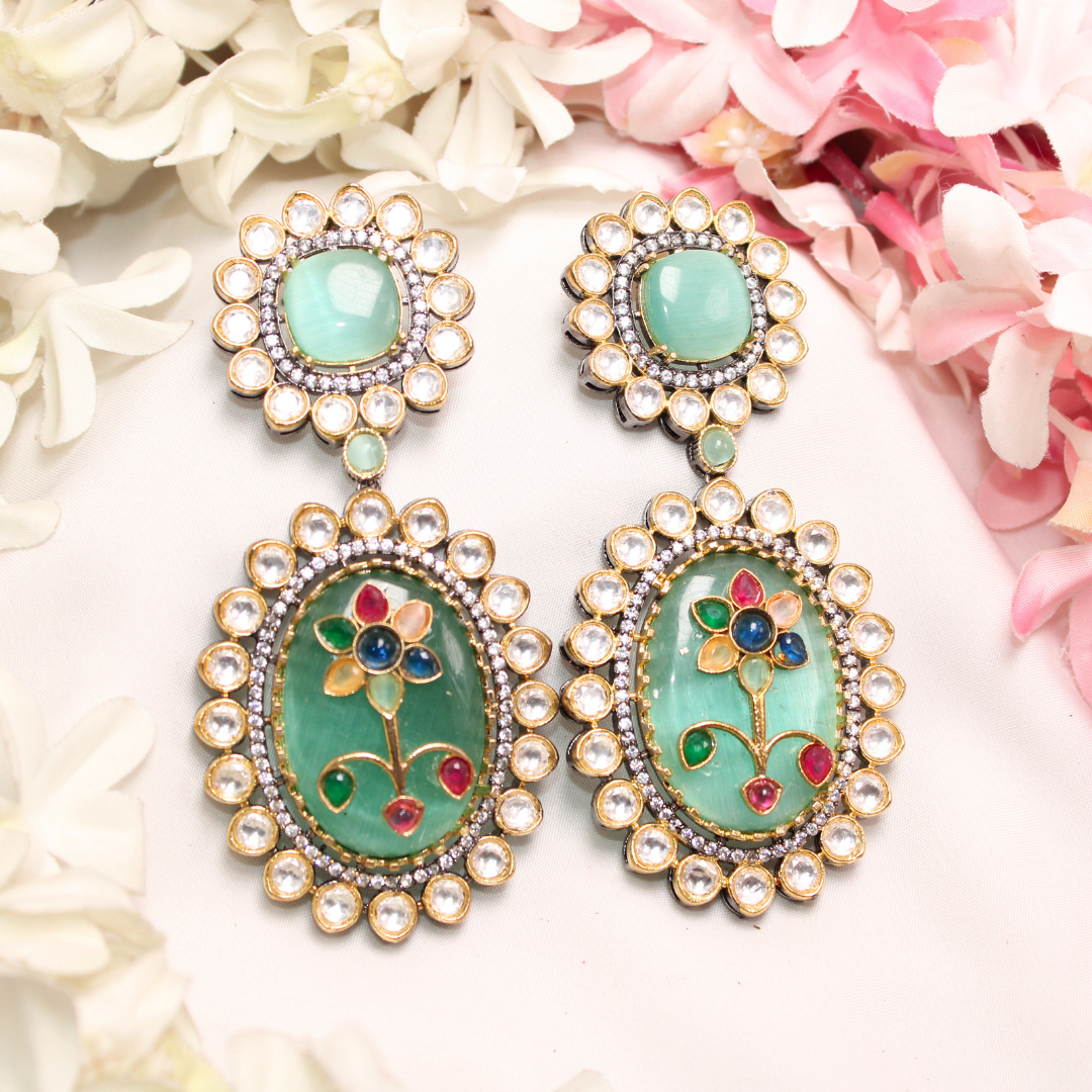 BIG STONE EARRING WITH KUNDAN WORK