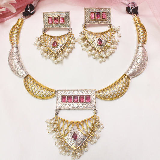 DUAL-TONE JAALI NECKLACE SET-RUBY RED