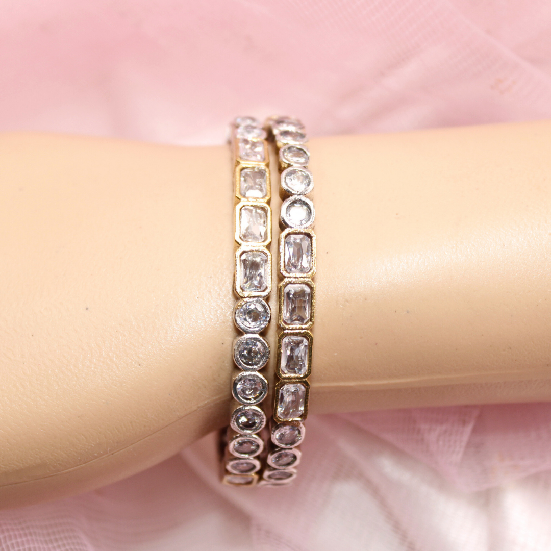 DUAL-TONE ROUND & SQUARE STONE BANGLES-tranc