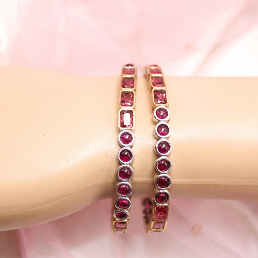 DUAL-TONE ROUND & SQUARE STONE BANGLES- SET OF 2-ruby