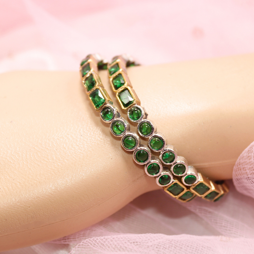 DUAL-TONE ROUND & SQUARE STONE BANGLES- SET OF 2-green