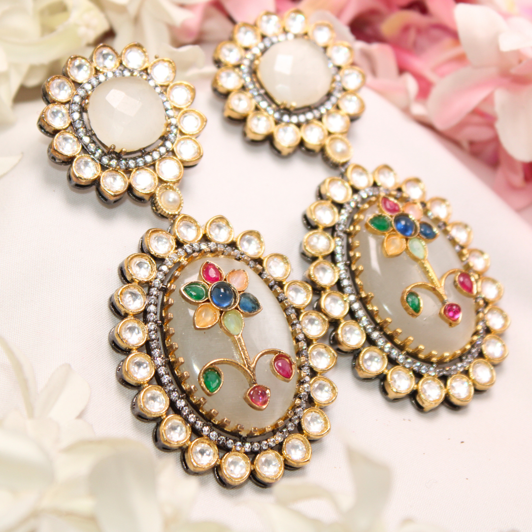 BIG STONE EARRING WITH KUNDAN WORK