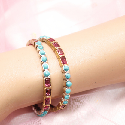 DUAL-TONE ROUND & SQUARE STONE BANGLES-turq&ruby