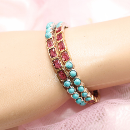 DUAL-TONE ROUND & SQUARE STONE BANGLES-turq&ruby