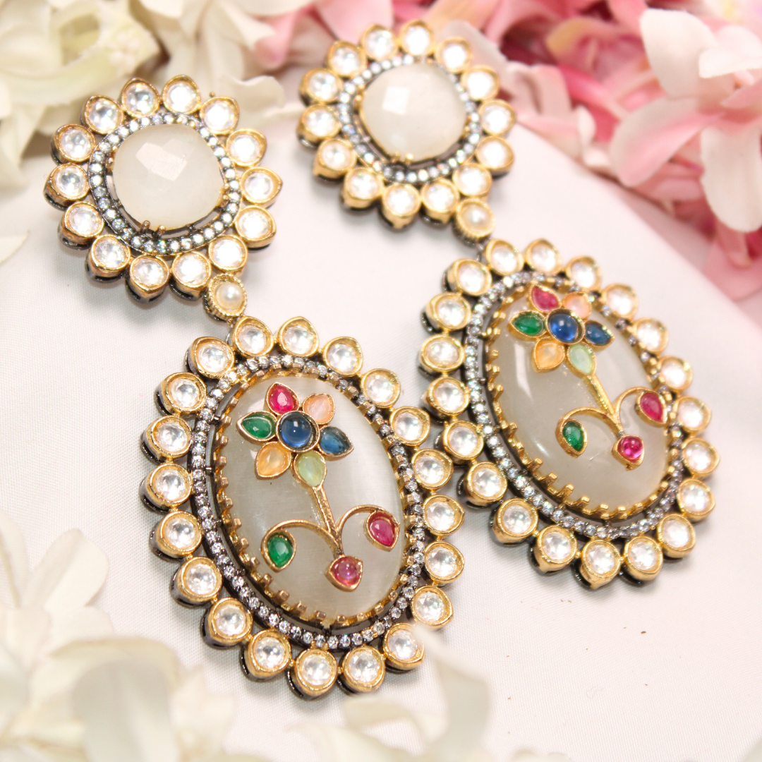 BIG STONE EARRING WITH KUNDAN WORK