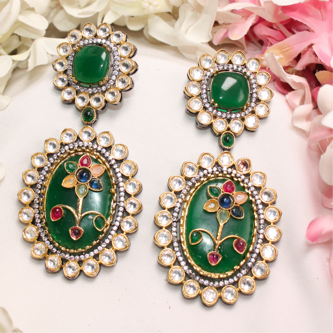 BIG STONE EARRING WITH KUNDAN WORK