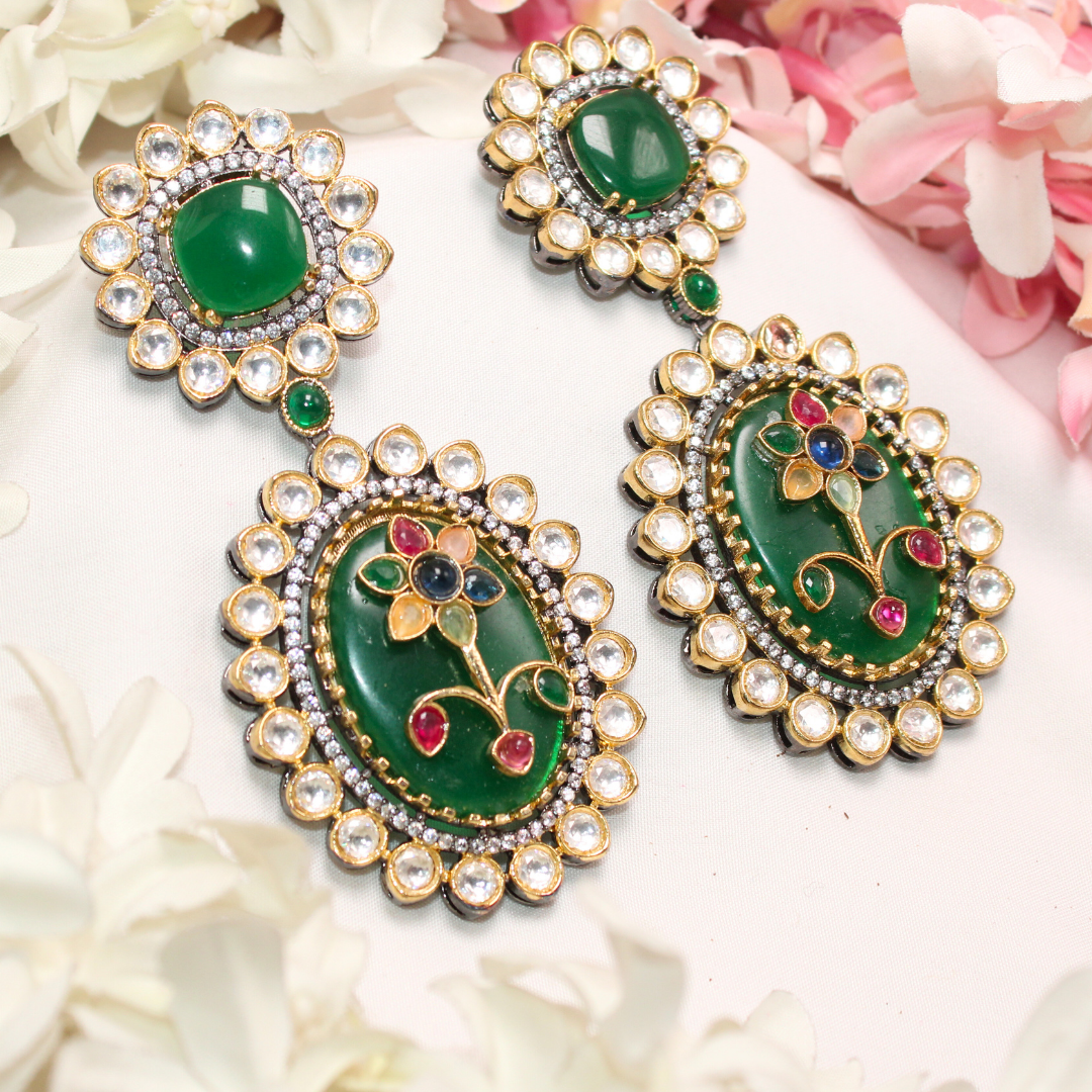 BIG STONE EARRING WITH KUNDAN WORK