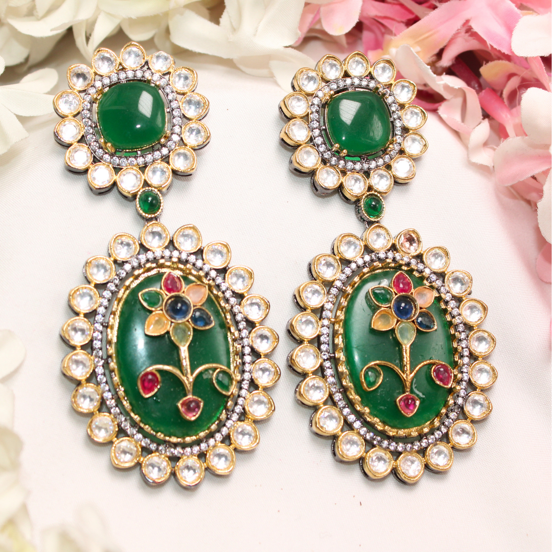 BIG STONE EARRING WITH KUNDAN WORK