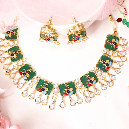 GULMOHAR- POLKI & STONE NECKLACE-GREEN