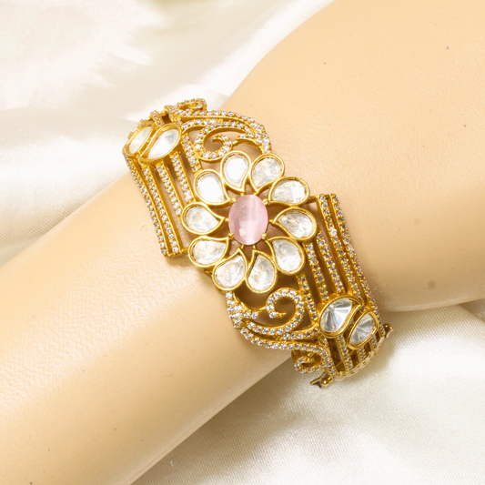 POLKI MOISSANITE FLOWER ANTIQUE GOLDEN BRACELET-PINK