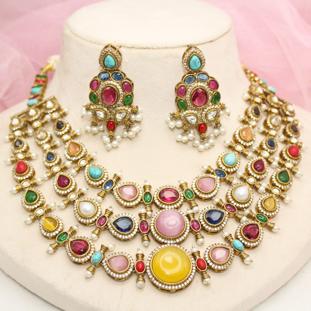 RAJWADI NAVRATAN JHALRA TEEN LADI NECKLACE SET