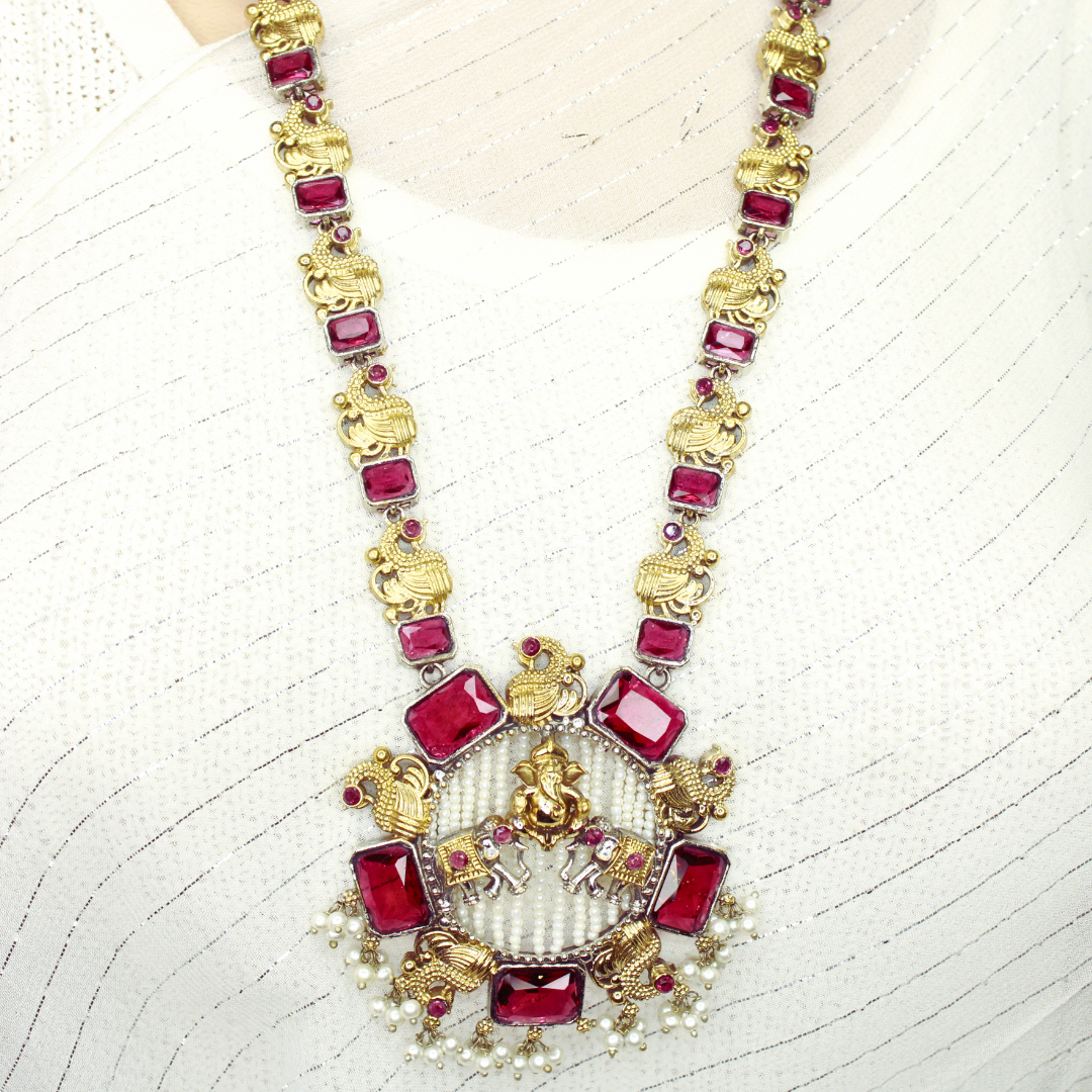 GAJ-GANPATI LONG NECKLACE- RED