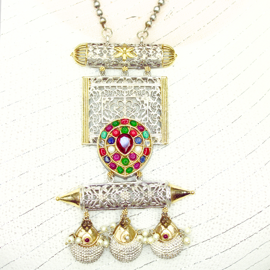 NAVRATAN DUAL TONE SILVER LOOK ALIKE NECKLACE