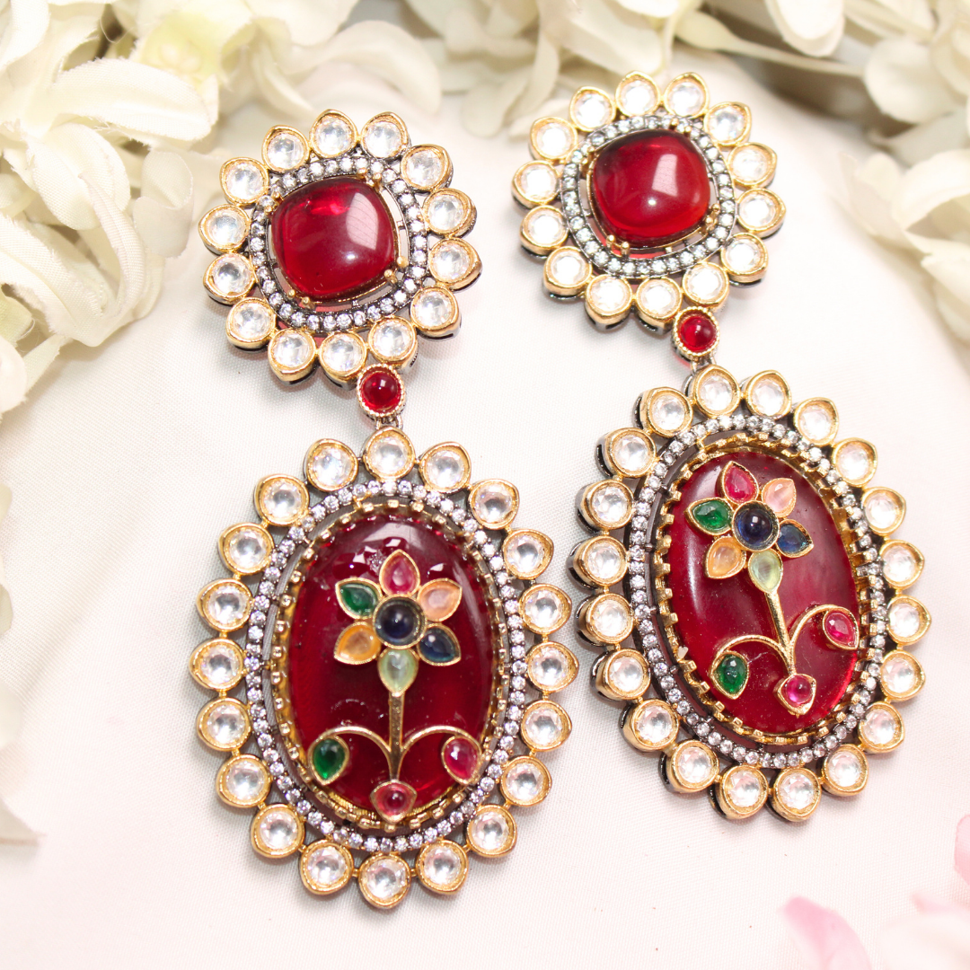 BIG STONE EARRING WITH KUNDAN WORK