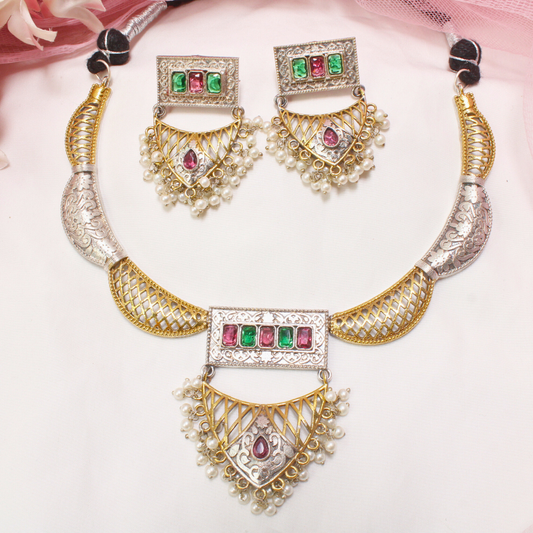 DUAL-TONE JAALI NECKLACE SET-GREEN & RED