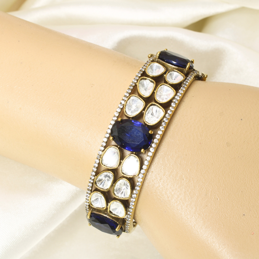 POLKI MOISSANITE ANTIQUE GOLDEN BRACELET-BLUE