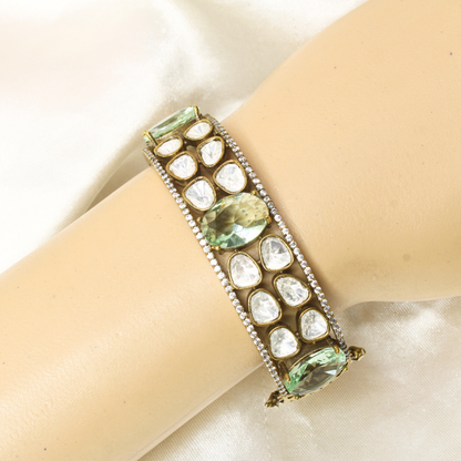 POLKI MOISSANITE ANTIQUE GOLDEN BRACELET-LIGHT GREEN