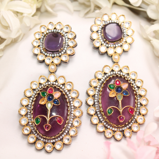 BIG STONE EARRING WITH KUNDAN WORK