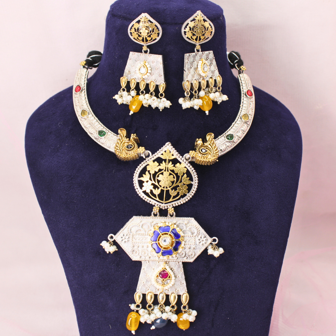 RAJWADI DUAL-TONE PACHI KUNDAN NECKLACE SET