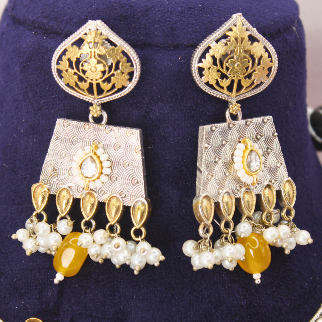 RAJWADI DUAL-TONE PACHI KUNDAN NECKLACE SET